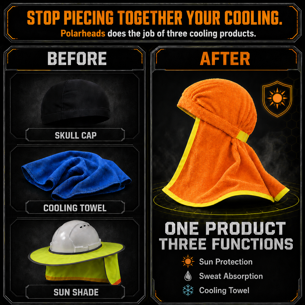 Polarheads PRO 3-in-1 Sun Shade, Sweatband and Cooling Towel - Safety Orange / Safety Yellow